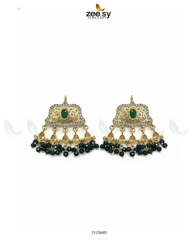 Elegant Tassel Moti Work Earrings Golden Green Earrings - Zeesy Jewellery Pakistan | Premium Artificial & Imitation Jewellery