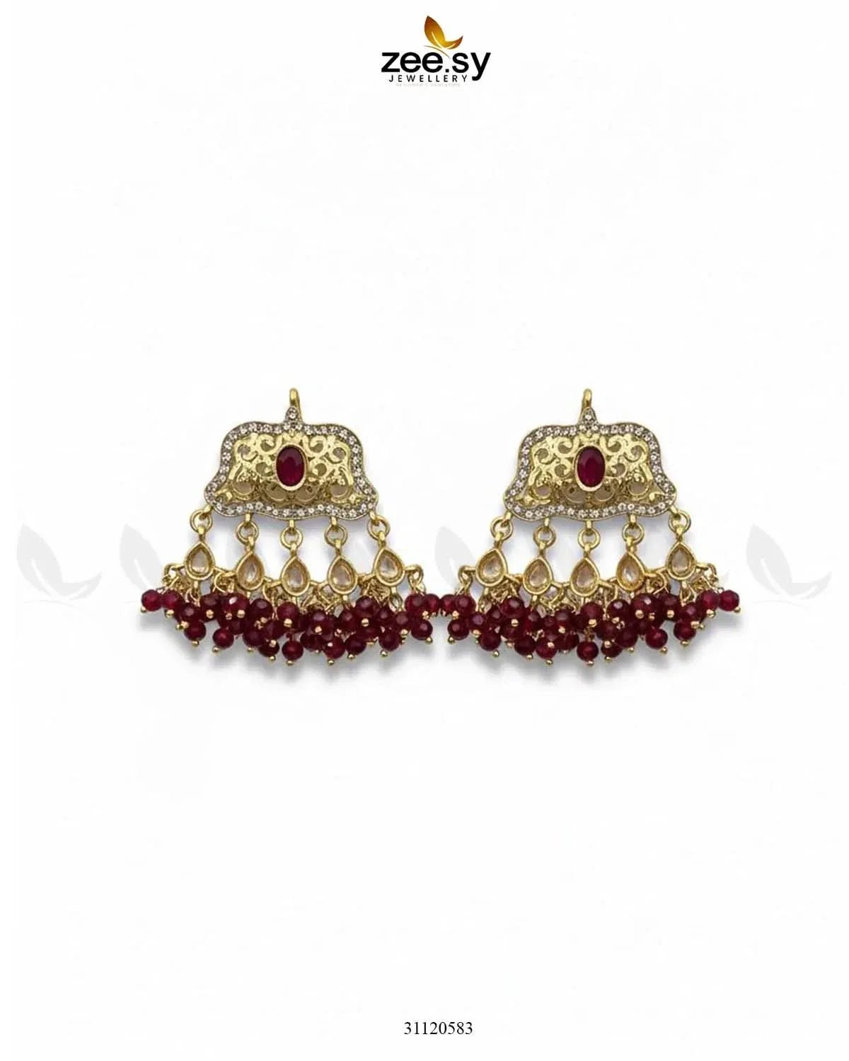 Elegant Tassel Moti Work Earrings Golden Red Earrings - Zeesy Jewellery Pakistan | Premium Artificial & Imitation Jewellery