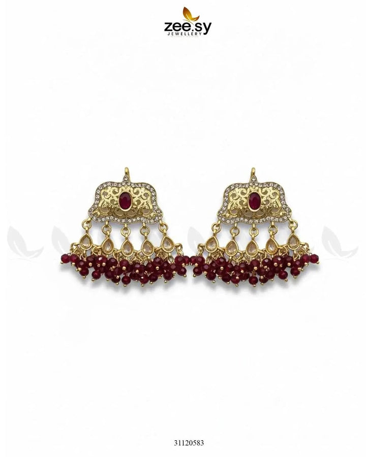 Elegant Tassel Moti Work Earrings Golden Red Earrings - Zeesy Jewellery Pakistan | Premium Artificial & Imitation Jewellery