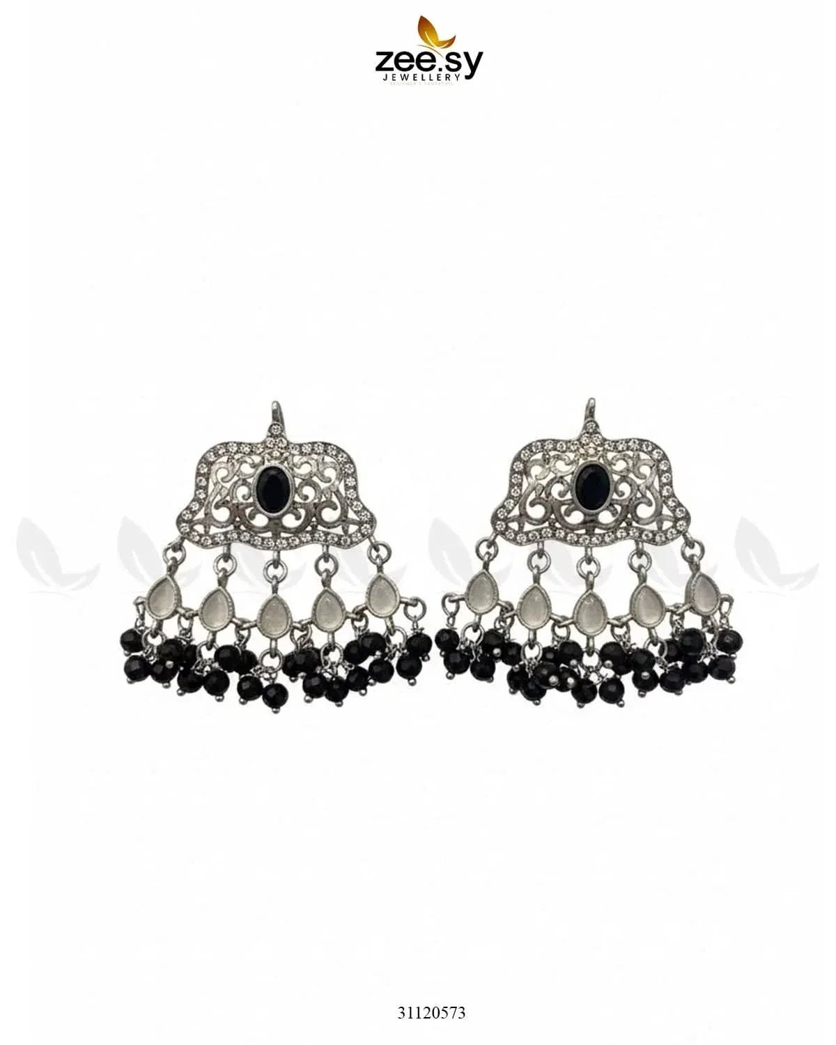 Elegant Tassel Moti Work Earrings Silver Black Earrings - Zeesy Jewellery Pakistan | Premium Artificial & Imitation Jewellery
