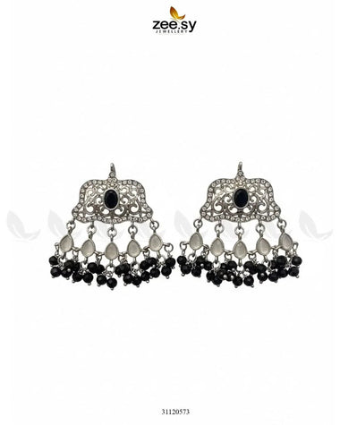 Elegant Tassel Moti Work Earrings Silver Black Earrings - Zeesy Jewellery Pakistan | Premium Artificial & Imitation Jewellery