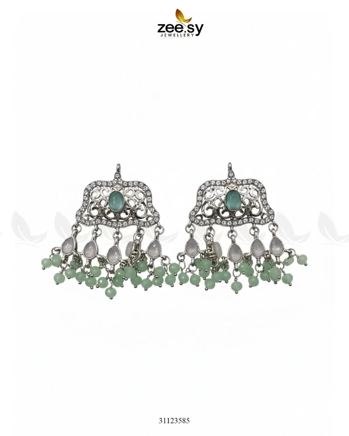 Elegant Tassel Moti Work Earrings Silver Mint Green Earrings - Zeesy Jewellery Pakistan | Premium Artificial & Imitation Jewellery