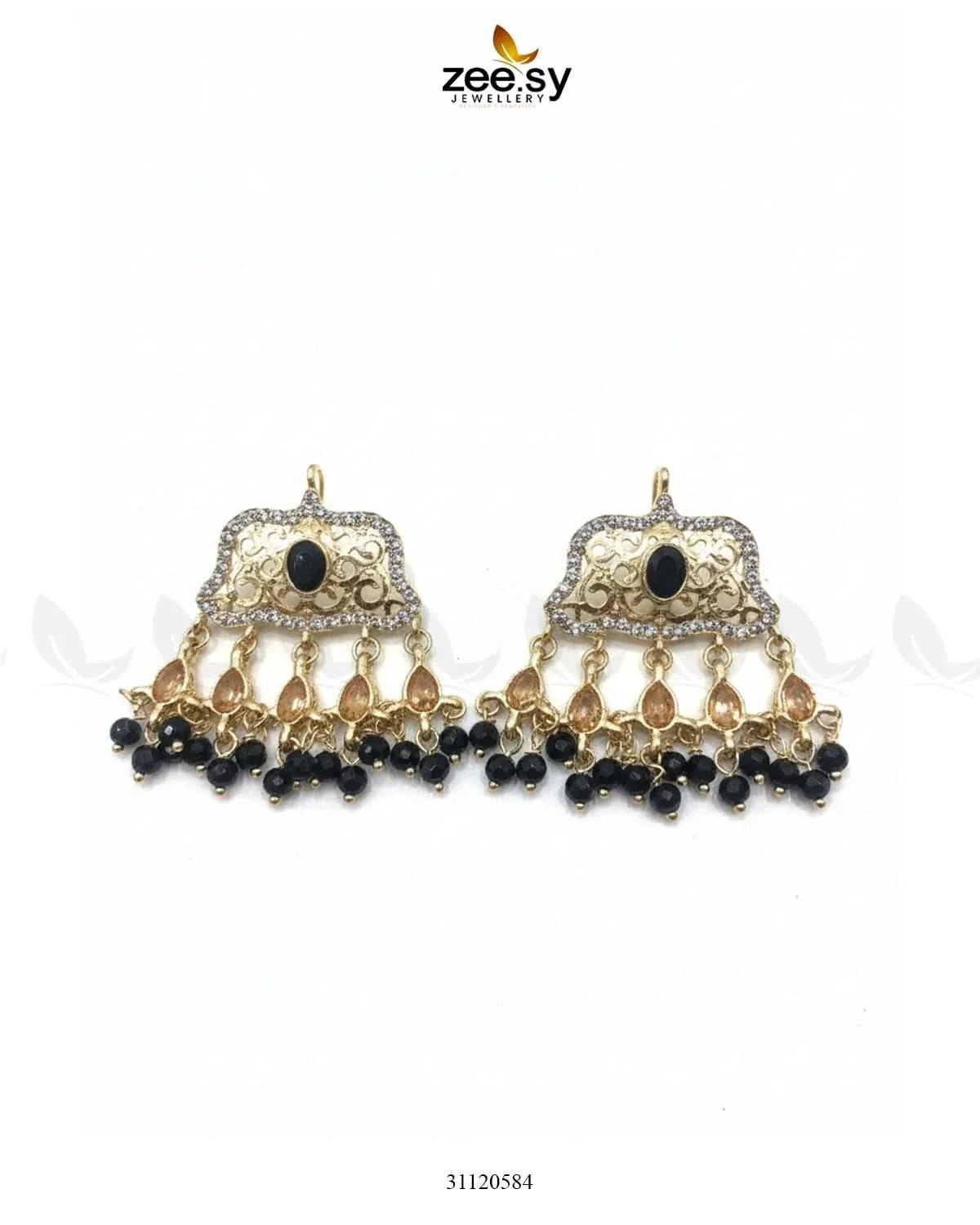 Elegant Tassel Moti Work Earrings Golden Black Earrings - Zeesy Jewellery Pakistan | Premium Artificial & Imitation Jewellery