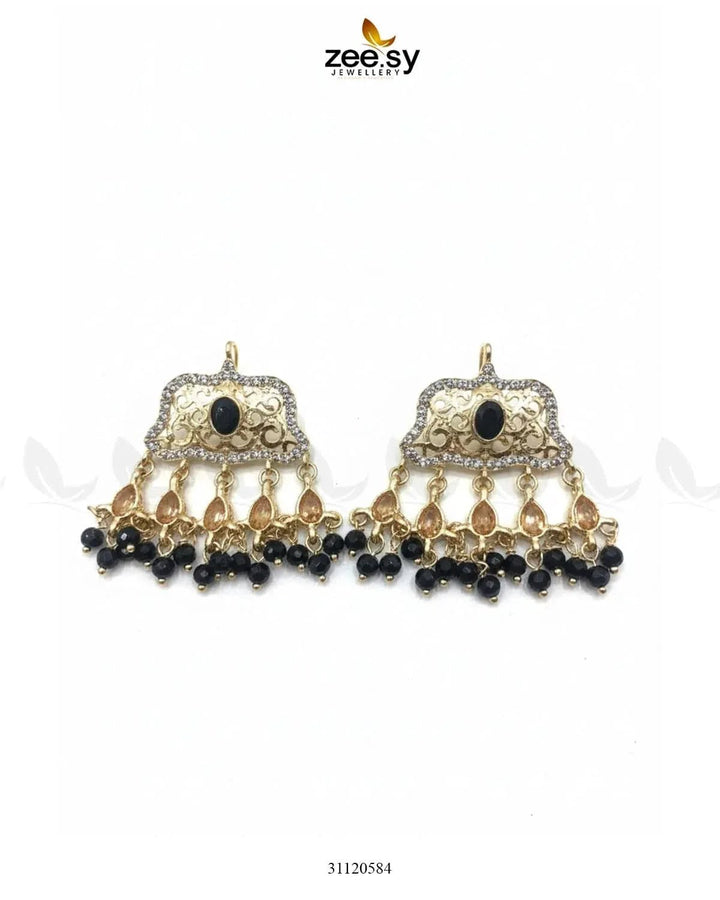 Elegant Tassel Moti Work Earrings Golden Black Earrings - Zeesy Jewellery Pakistan | Premium Artificial & Imitation Jewellery