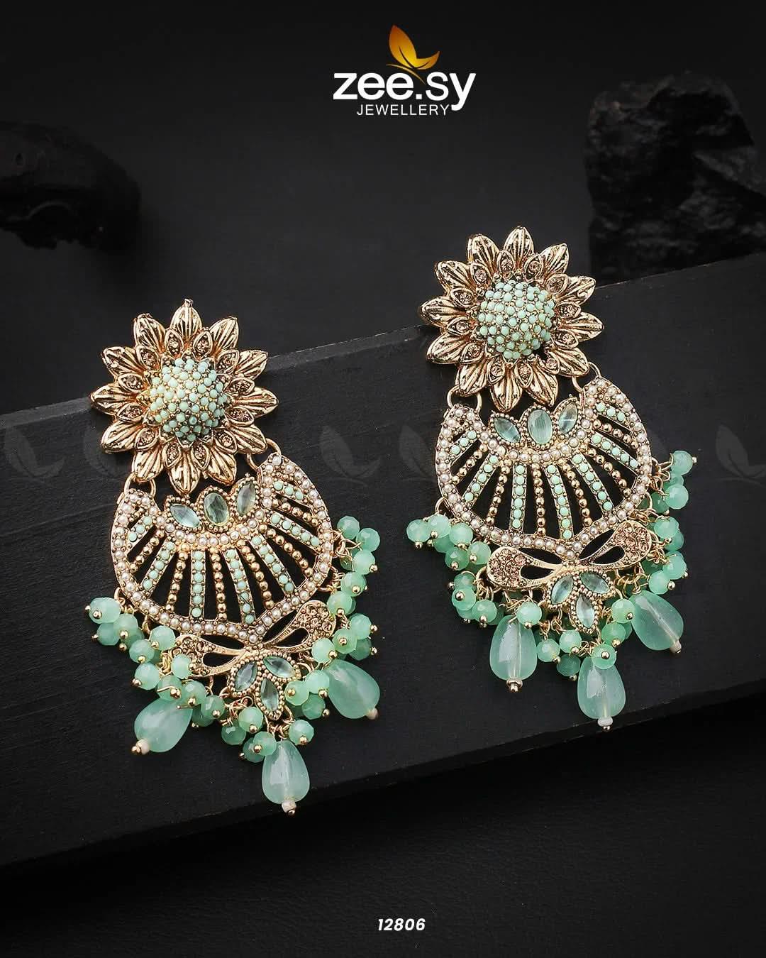 Arri Earrings Golden Mint Green Earrings - Zeesy Jewellery Pakistan | Premium Artificial & Imitation Jewellery