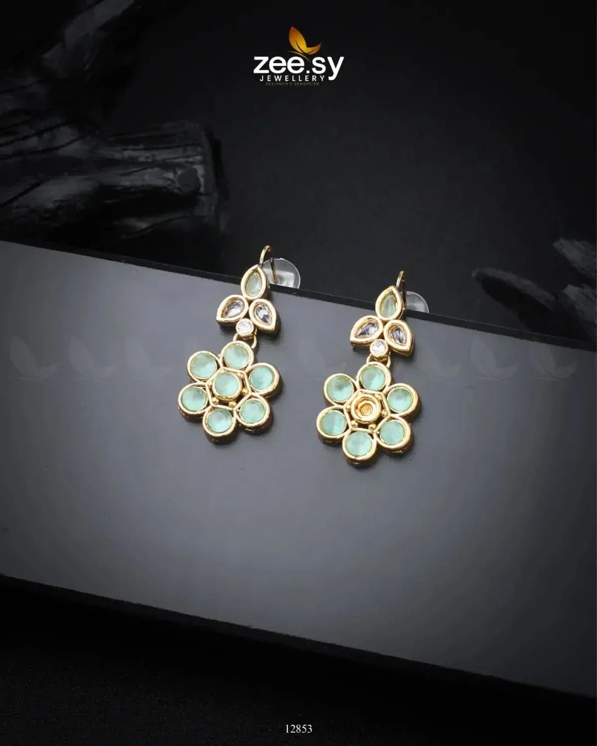 Primrose Earrings Golden Mint Green Earrings - Zeesy Jewellery Pakistan | Premium Artificial & Imitation Jewellery