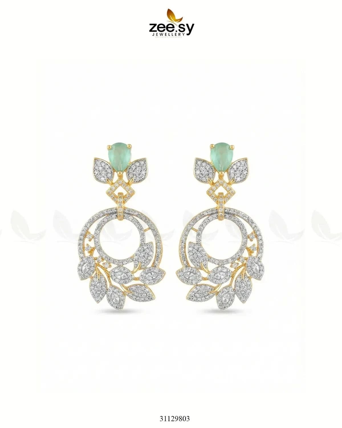 Golden Royal Round Zirconia Earrings Golden Mint Green Earrings - Zeesy Jewellery Pakistan | Premium Artificial & Imitation Jewellery