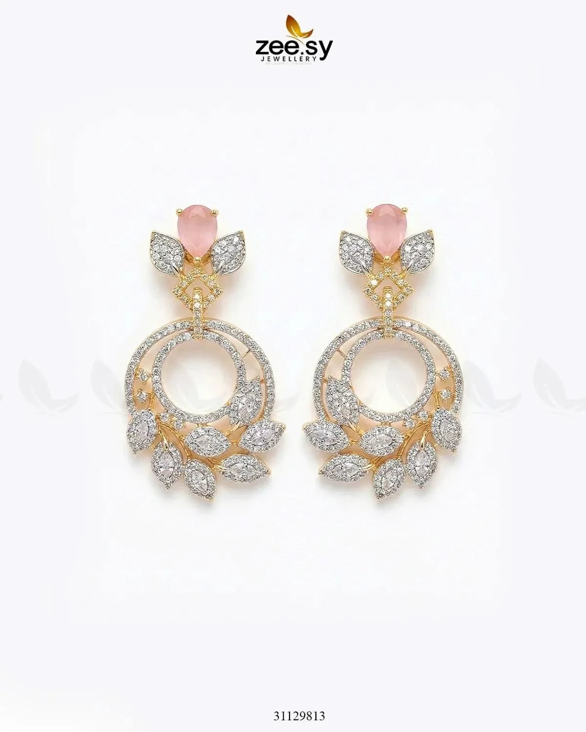 Golden Royal Round Zirconia Earrings Golden Mint Pink Earrings - Zeesy Jewellery Pakistan | Premium Artificial & Imitation Jewellery