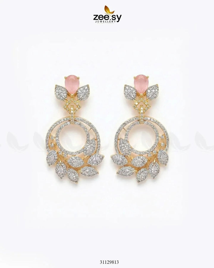 Golden Royal Round Zirconia Earrings Golden Mint Pink Earrings - Zeesy Jewellery Pakistan | Premium Artificial & Imitation Jewellery