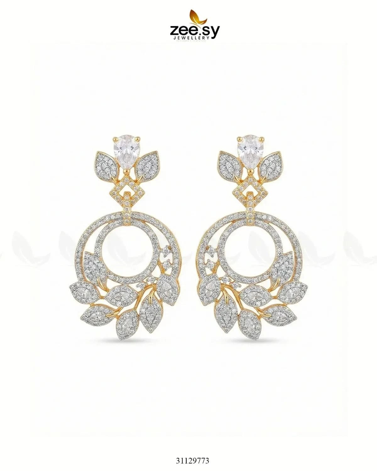 Golden Royal Round Zirconia Earrings Golden White Earrings - Zeesy Jewellery Pakistan | Premium Artificial & Imitation Jewellery