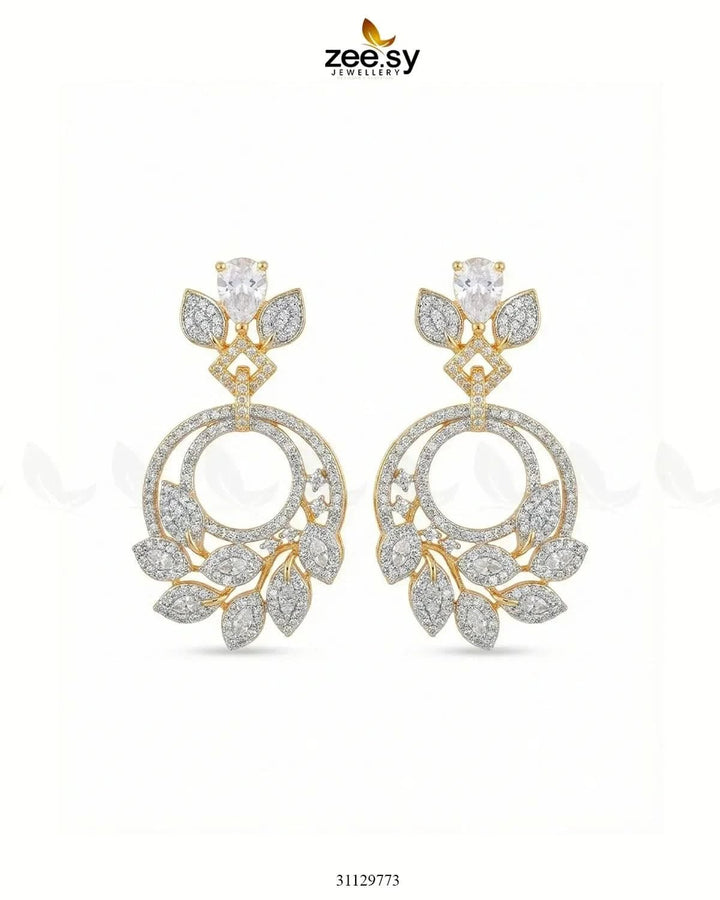 Golden Royal Round Zirconia Earrings Golden White Earrings - Zeesy Jewellery Pakistan | Premium Artificial & Imitation Jewellery
