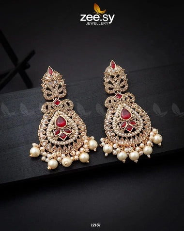 Dilnaz Jhumka Golden Red Earrings - Zeesy Jewellery Pakistan | Premium Artificial & Imitation Jewellery
