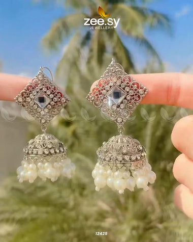Ethnic Jhumki Earrings Silver Pearl Earrings - Zeesy Jewellery Pakistan | Premium Artificial & Imitation Jewellery