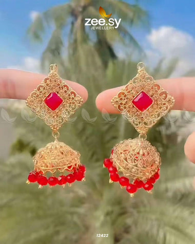 Ethnic Jhumki Earrings Golden Red Earrings - Zeesy Jewellery Pakistan | Premium Artificial & Imitation Jewellery