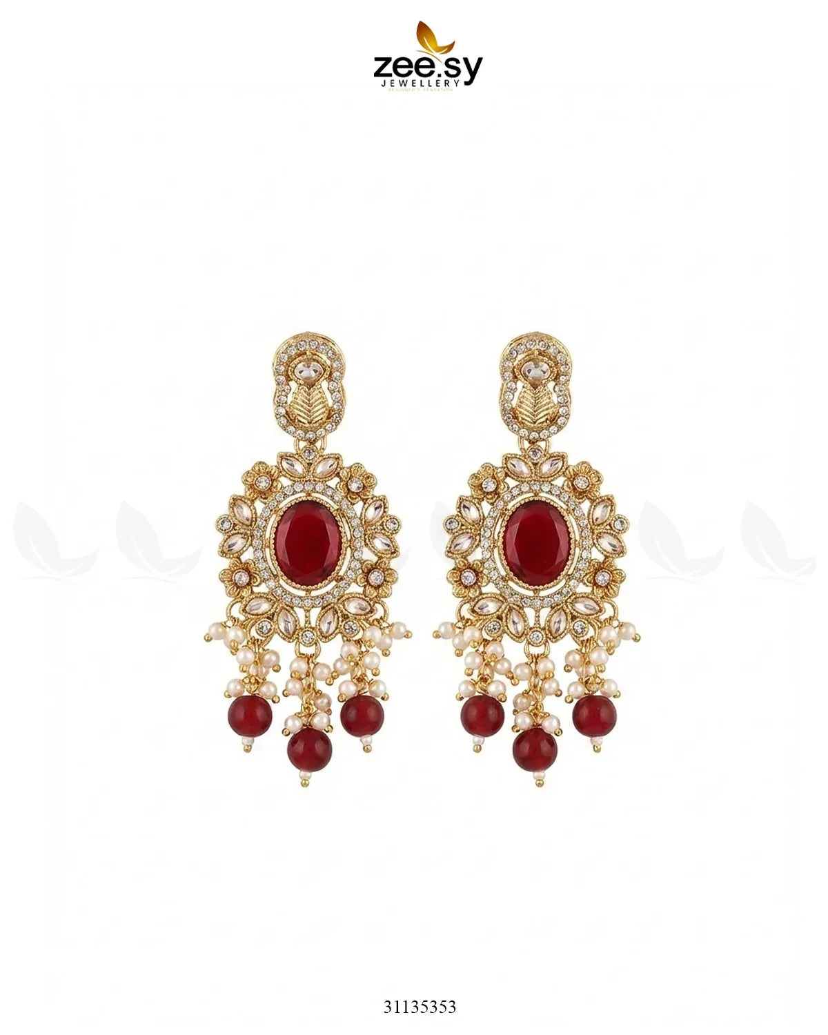 Traditional Gems Pearl Drop Earrings Golden Red Earrings - Zeesy Jewellery Pakistan | Premium Artificial & Imitation Jewellery