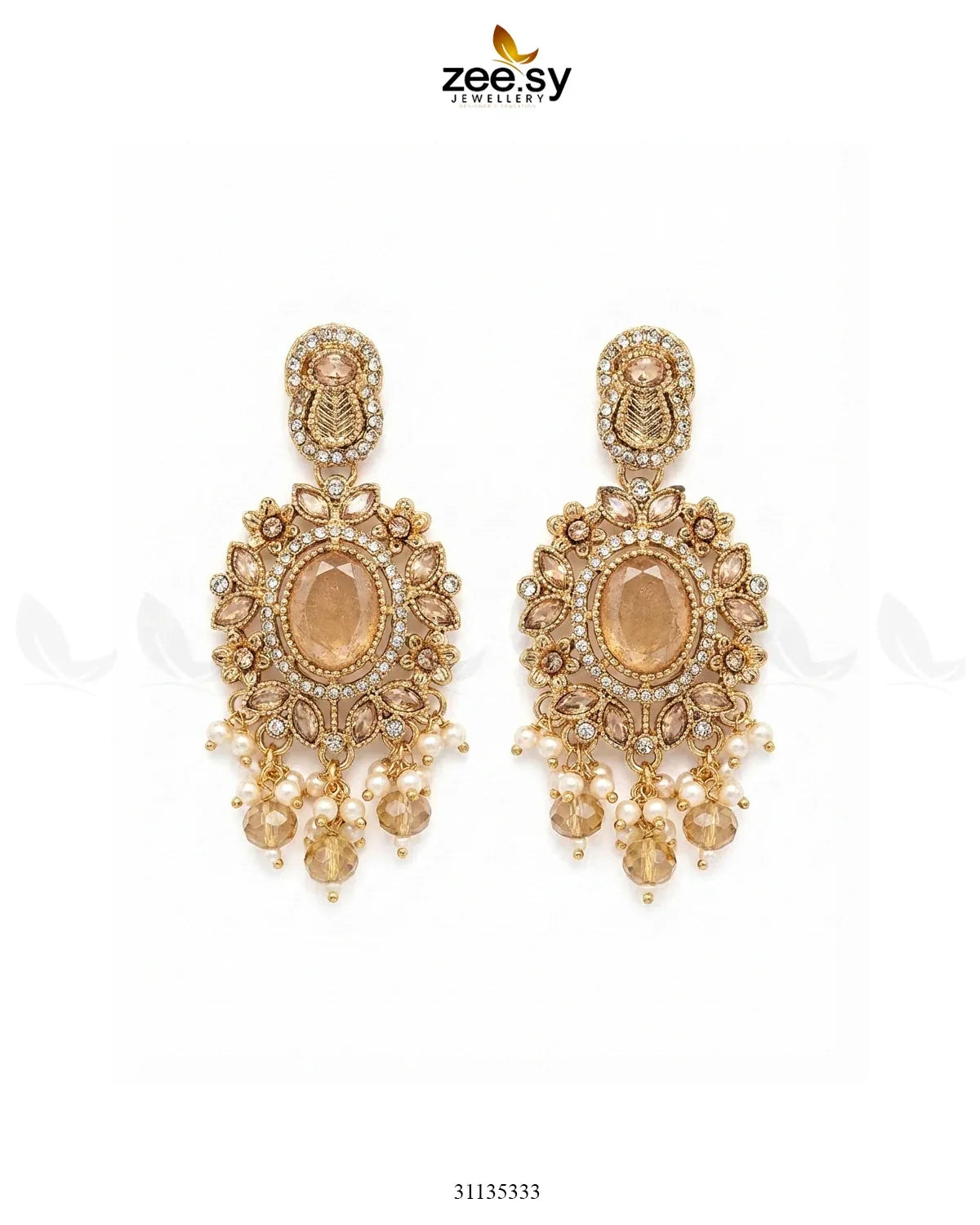 Traditional Gems Pearl Drop Earrings Golden Champagne Earrings - Zeesy Jewellery Pakistan | Premium Artificial & Imitation Jewellery