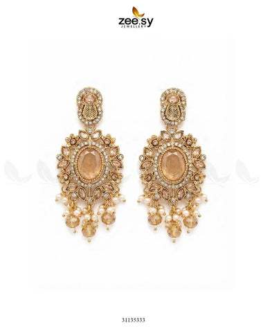 Traditional Gems Pearl Drop Earrings Golden Champagne Earrings - Zeesy Jewellery Pakistan | Premium Artificial & Imitation Jewellery