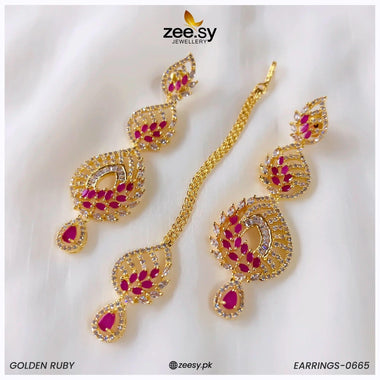 EARRINGS-0665 Golden Red Earrings - Zeesy Jewellery Pakistan | Premium Artificial & Imitation Jewellery