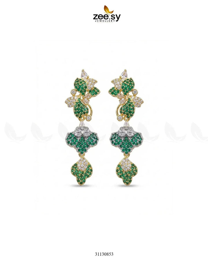 Golden Flower Dangler Cluster Earrings Golden Green Earrings - Zeesy Jewellery Pakistan | Premium Artificial & Imitation Jewellery