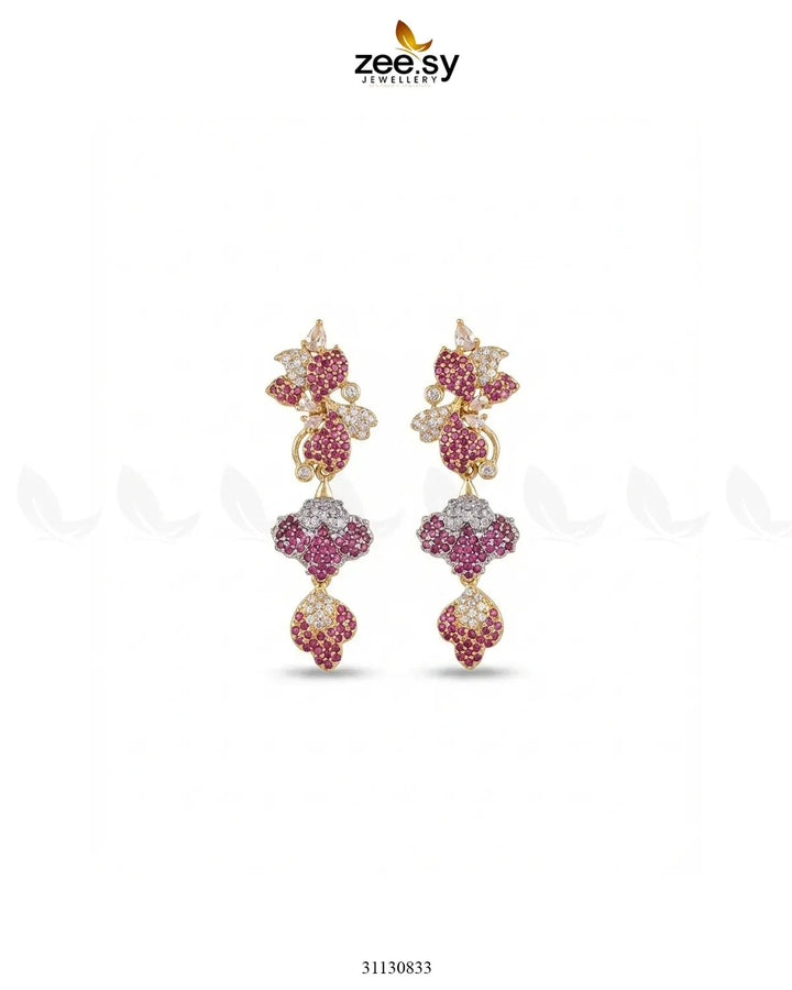 Golden Flower Dangler Cluster Earrings Golden Ruby Earrings - Zeesy Jewellery Pakistan | Premium Artificial & Imitation Jewellery