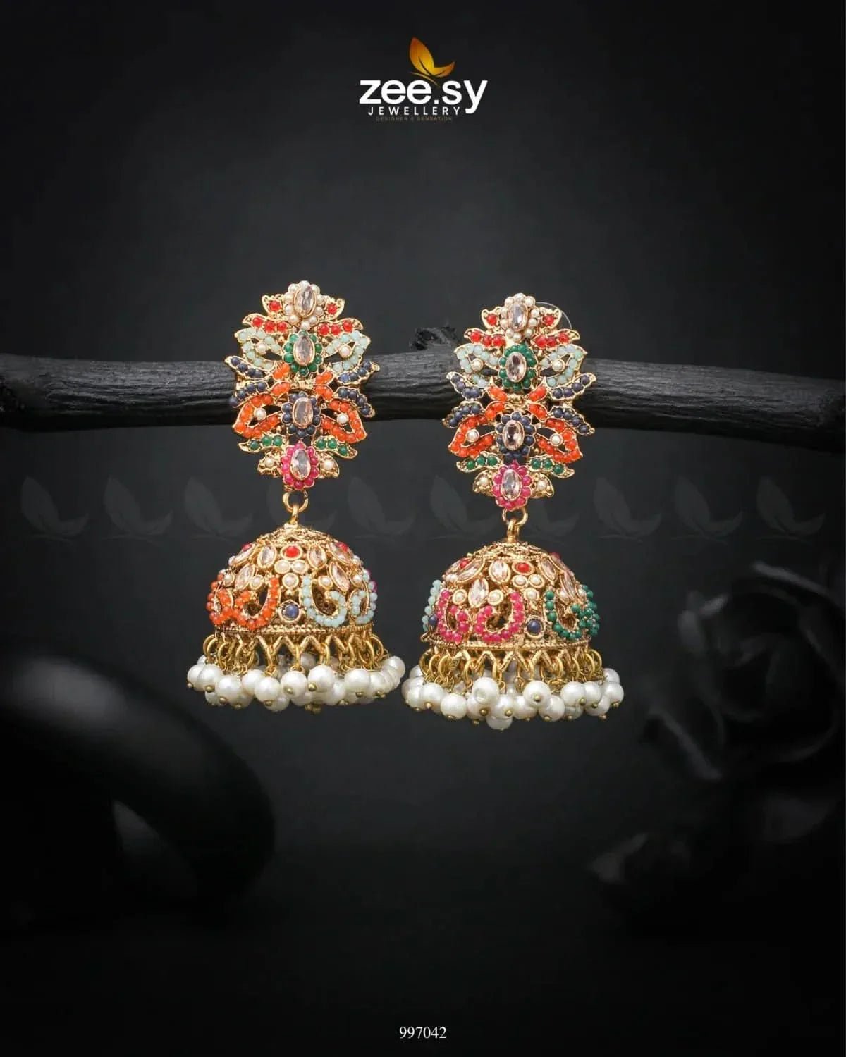 Navratna Elegance Earrings Champagne Earrings - Zeesy Jewellery Pakistan | Premium Artificial & Imitation Jewellery