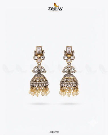 Victorian Jhumka Uncut Stone Earrings White Earrings - Zeesy Jewellery Pakistan | Premium Artificial & Imitation Jewellery