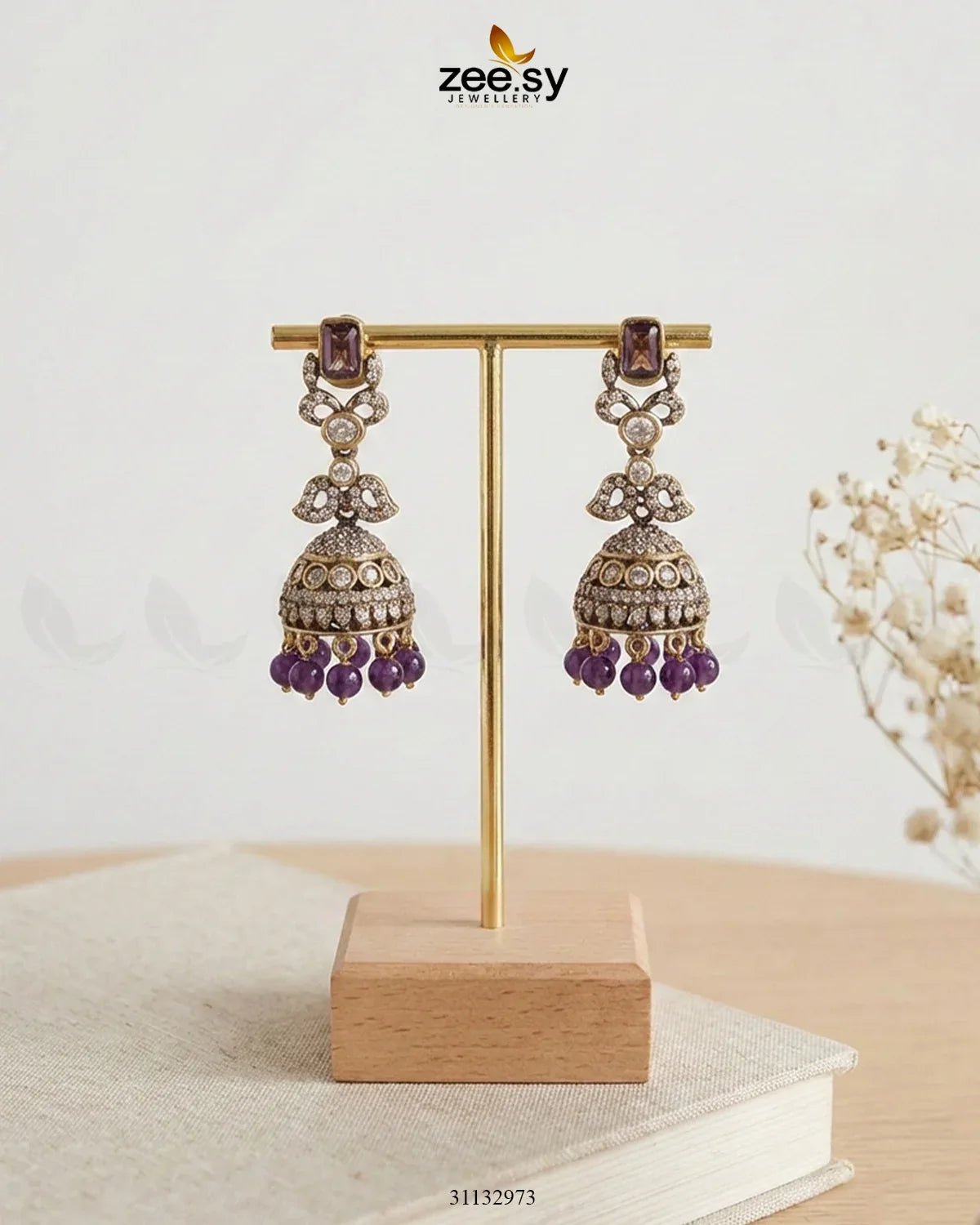 Victorian Jhumka Uncut Stone Earrings Purple Earrings - Zeesy Jewellery Pakistan | Premium Artificial & Imitation Jewellery