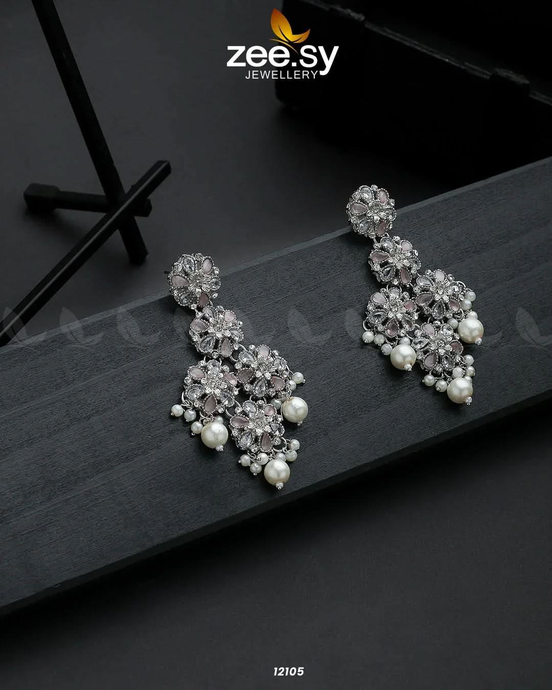 Silver Orchid Earrings Mint Pink Earrings - Zeesy Jewellery Pakistan | Premium Artificial & Imitation Jewellery