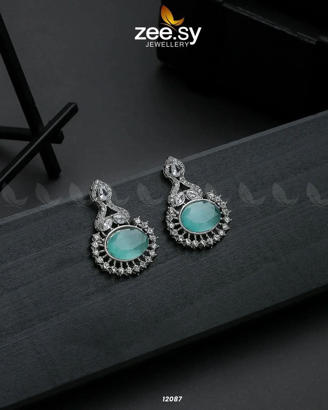 Aaina-e-Dil Silver Mint Green Earrings - Zeesy Jewellery Pakistan | Premium Artificial & Imitation Jewellery