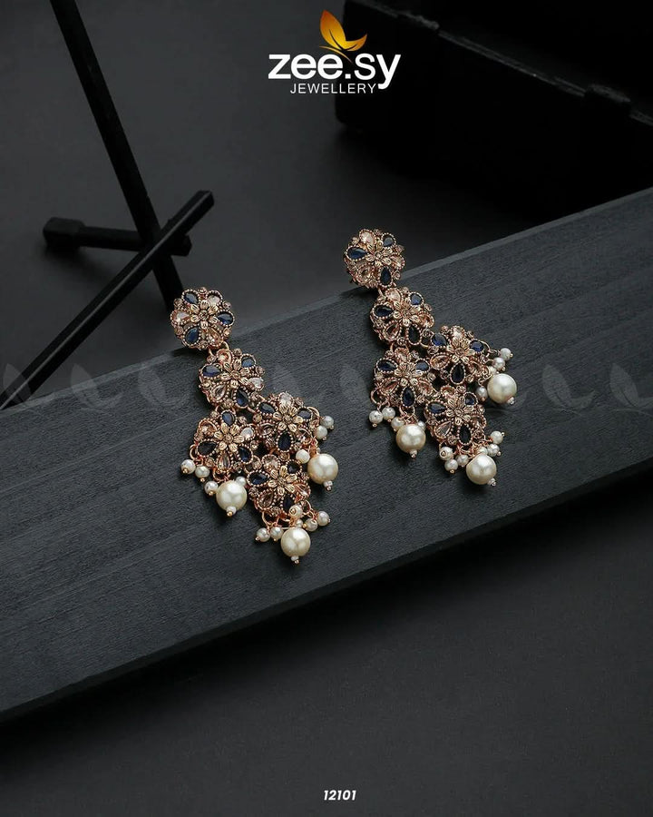 Golden Orchid Elegance Earrings Blue Earrings - Zeesy Jewellery Pakistan | Premium Artificial & Imitation Jewellery