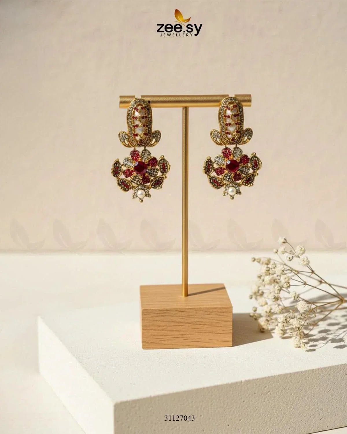 Emerald Turkish Mother Pearl Earrings Red Earrings - Zeesy Jewellery Pakistan | Premium Artificial & Imitation Jewellery