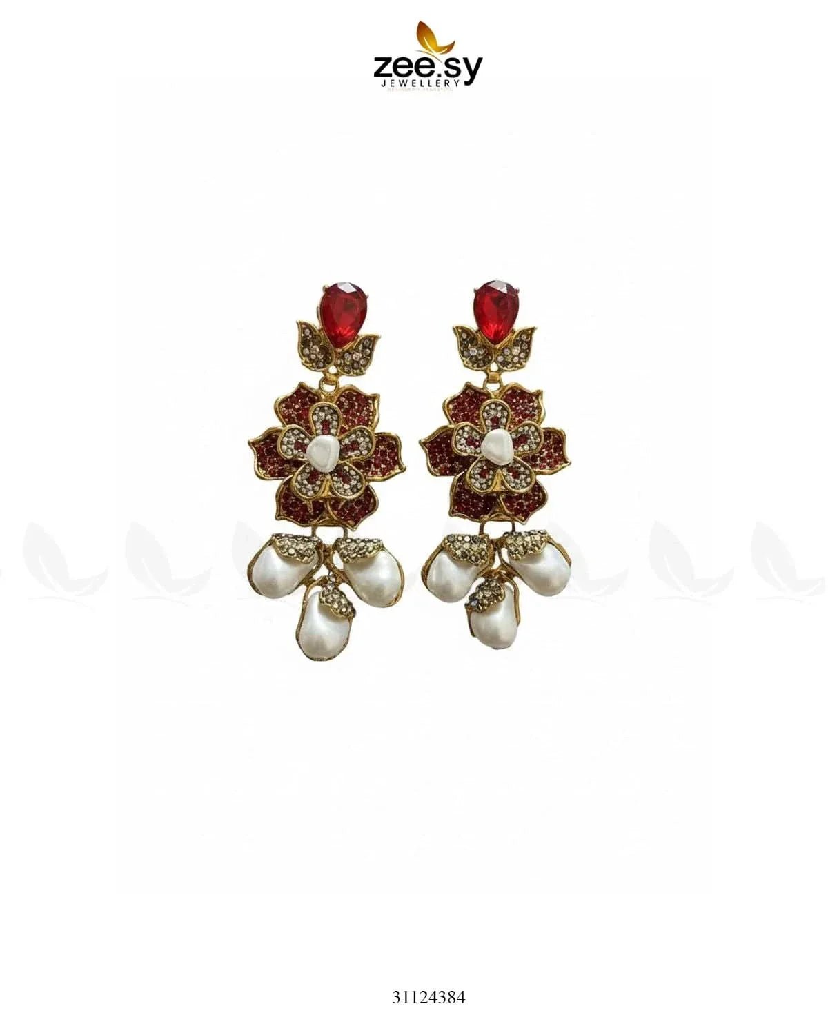 Floral Crystal Pearl Drop Earrings Earrings - Zeesy Jewellery Pakistan | Premium Artificial & Imitation Jewellery