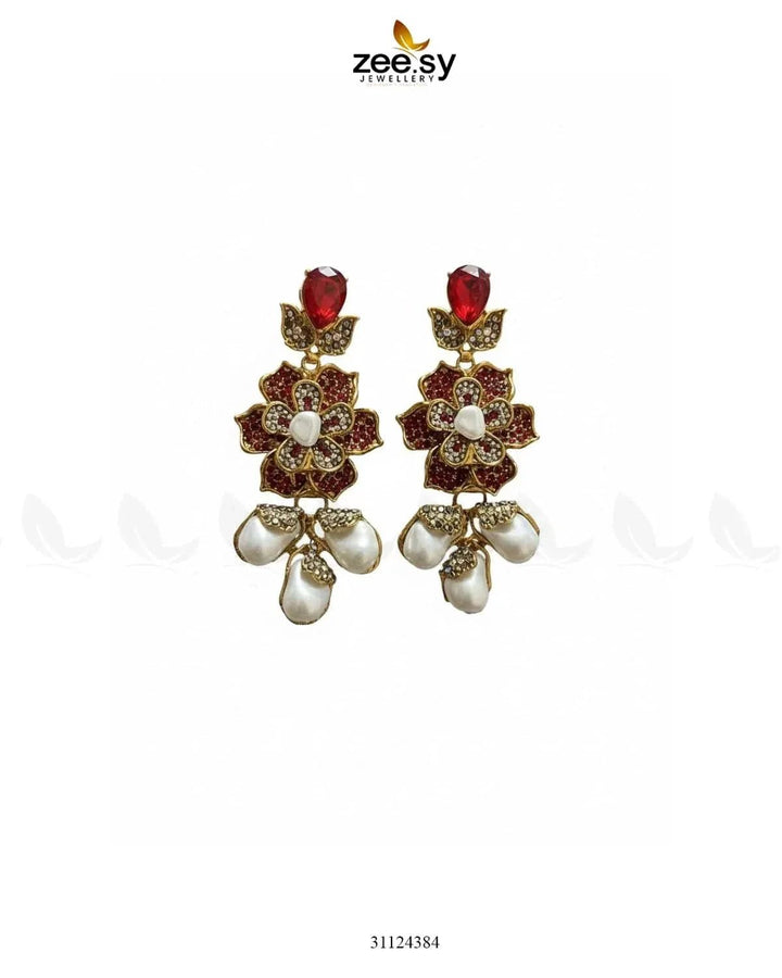 Floral Crystal Pearl Drop Earrings Earrings - Zeesy Jewellery Pakistan | Premium Artificial & Imitation Jewellery