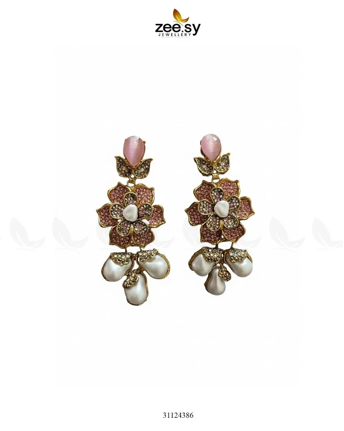 Floral Crystal Pearl Drop Earrings Earrings - Zeesy Jewellery Pakistan | Premium Artificial & Imitation Jewellery