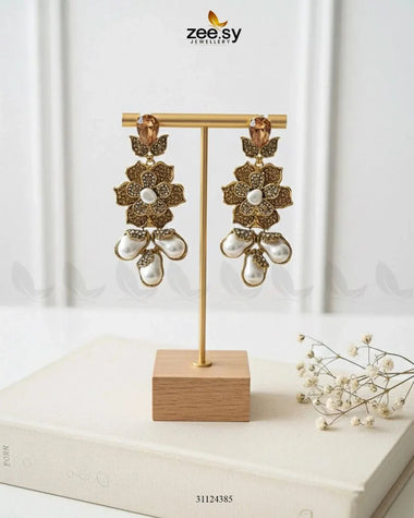 Floral Crystal Pearl Drop Earrings Champagne Earrings - Zeesy Jewellery Pakistan | Premium Artificial & Imitation Jewellery