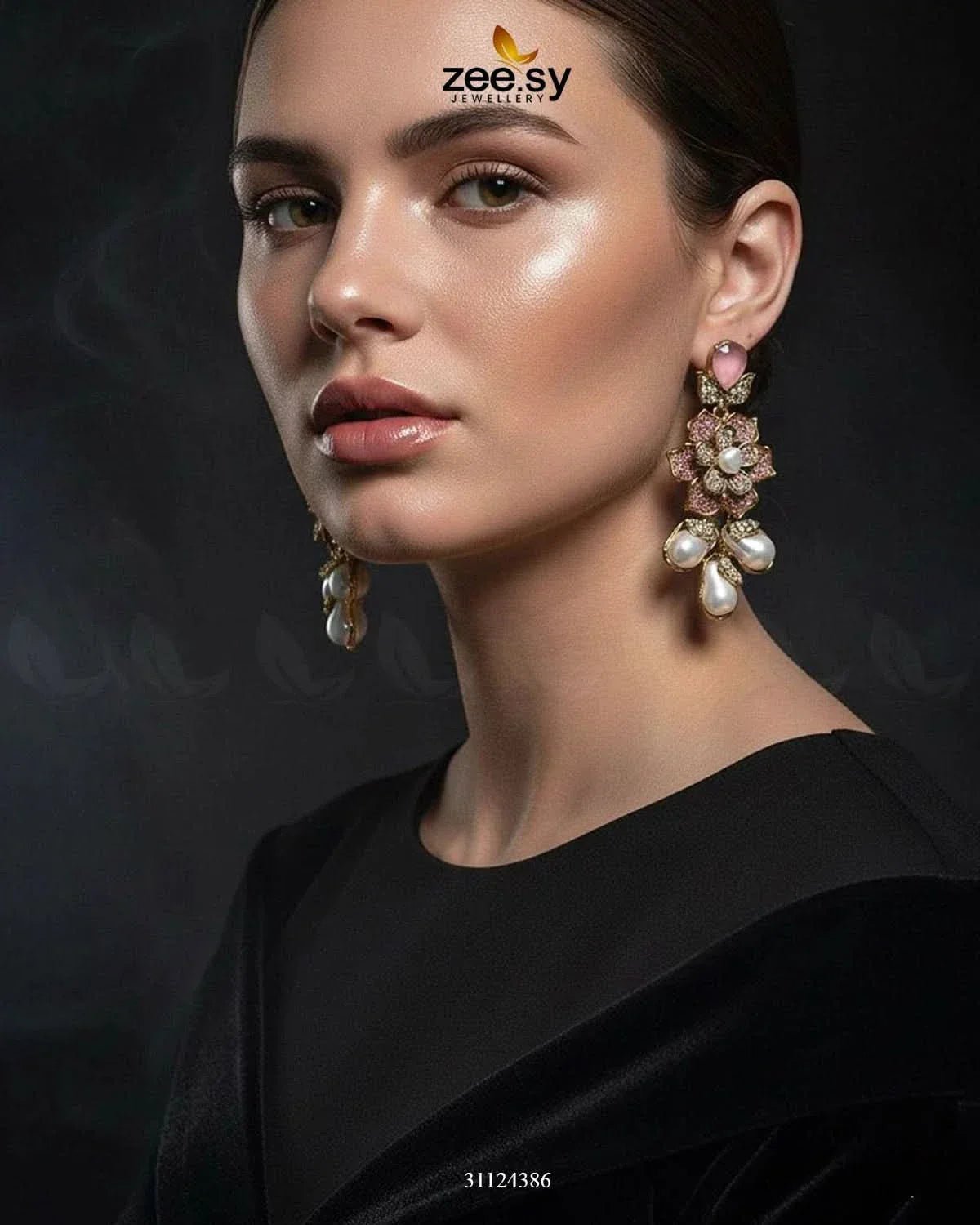 Floral Crystal Pearl Drop Earrings Earrings - Zeesy Jewellery Pakistan | Premium Artificial & Imitation Jewellery
