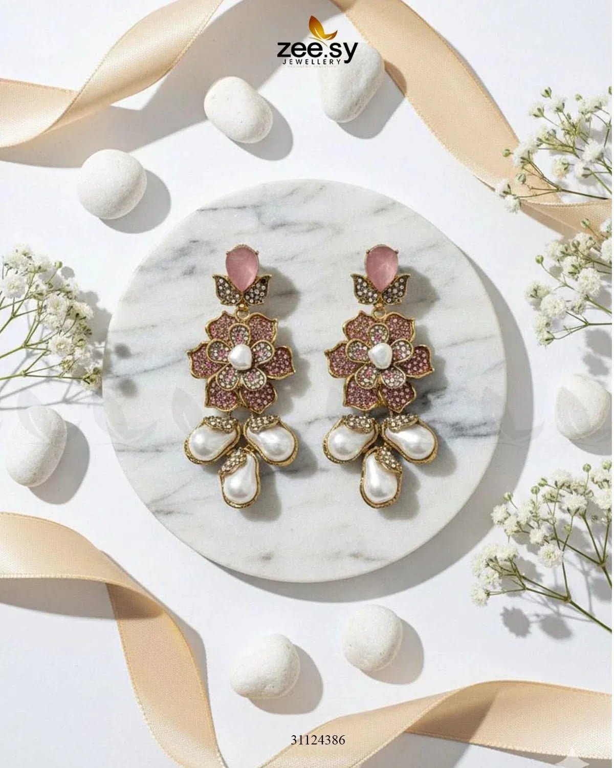 Floral Crystal Pearl Drop Earrings Mint Pink Earrings - Zeesy Jewellery Pakistan | Premium Artificial & Imitation Jewellery