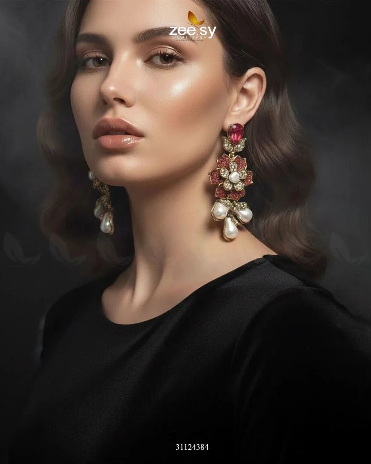 Floral Crystal Pearl Drop Earrings Earrings - Zeesy Jewellery Pakistan | Premium Artificial & Imitation Jewellery