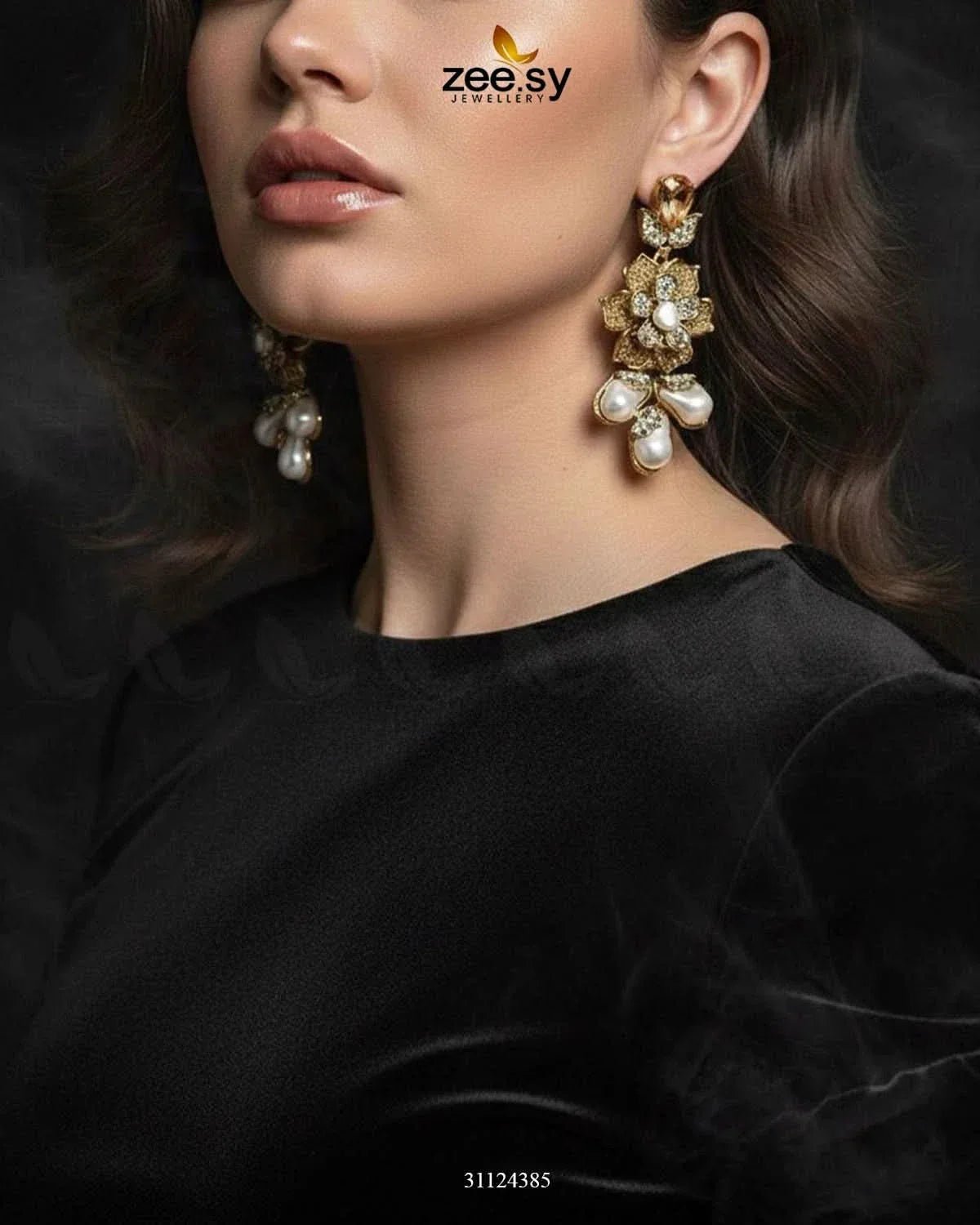 Floral Crystal Pearl Drop Earrings Earrings - Zeesy Jewellery Pakistan | Premium Artificial & Imitation Jewellery