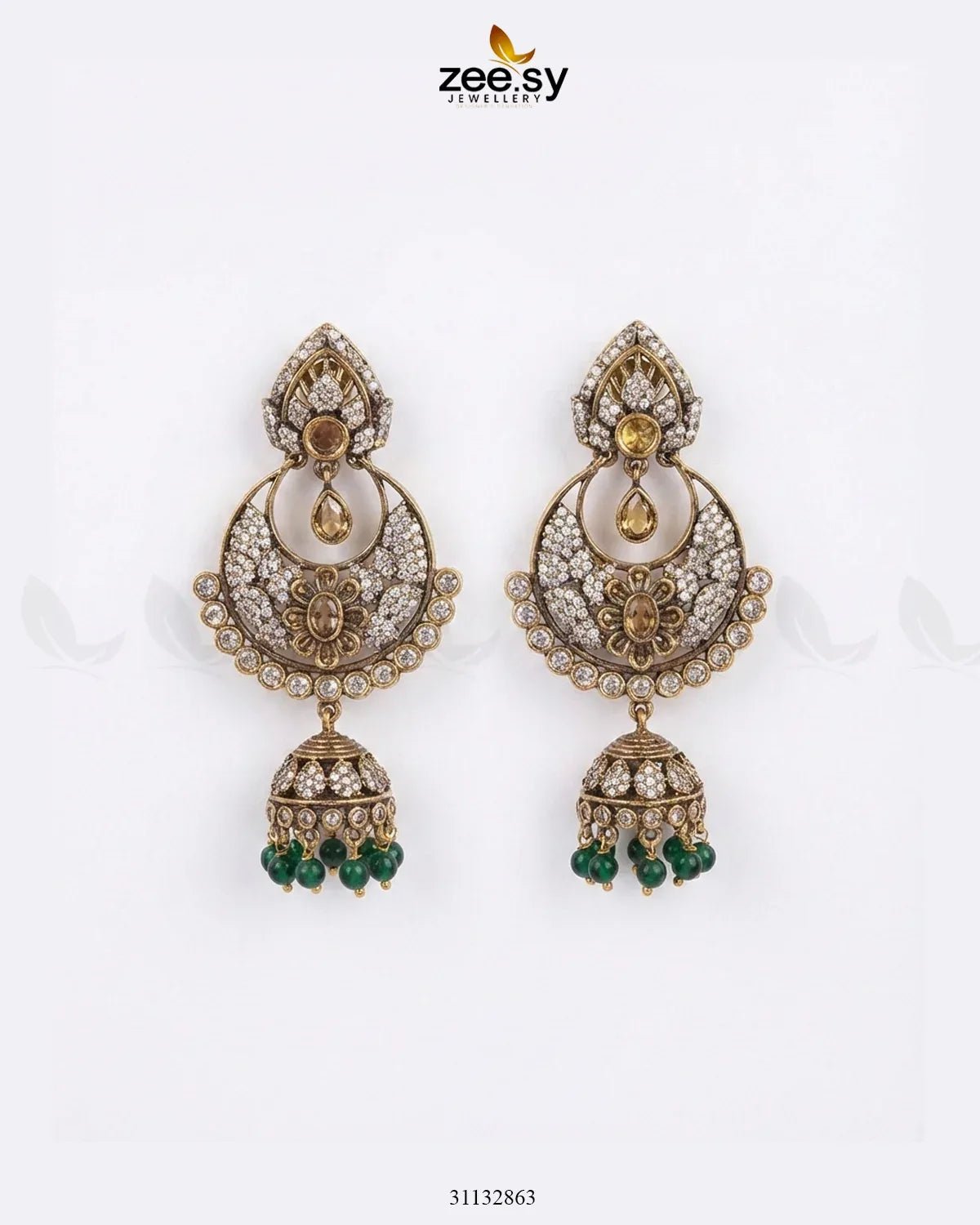 Rich Chandbali Zirconia Earrings Green White Earrings - Zeesy Jewellery Pakistan | Premium Artificial & Imitation Jewellery