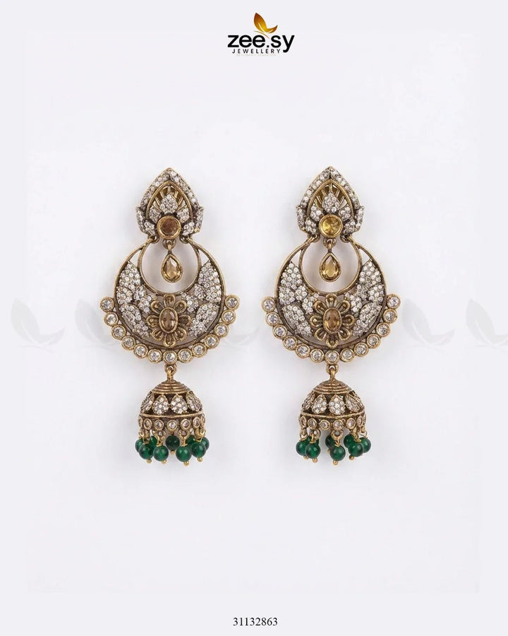 Rich Chandbali Zirconia Earrings Green White Earrings - Zeesy Jewellery Pakistan | Premium Artificial & Imitation Jewellery