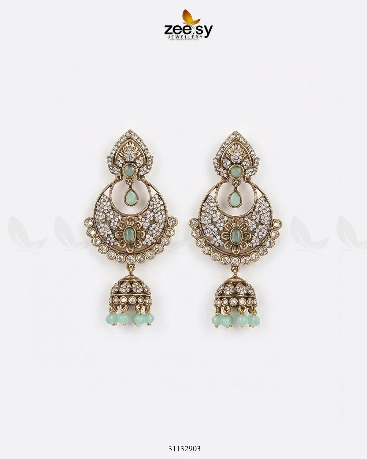 Rich Chandbali Zirconia Earrings Mint Green Earrings - Zeesy Jewellery Pakistan | Premium Artificial & Imitation Jewellery