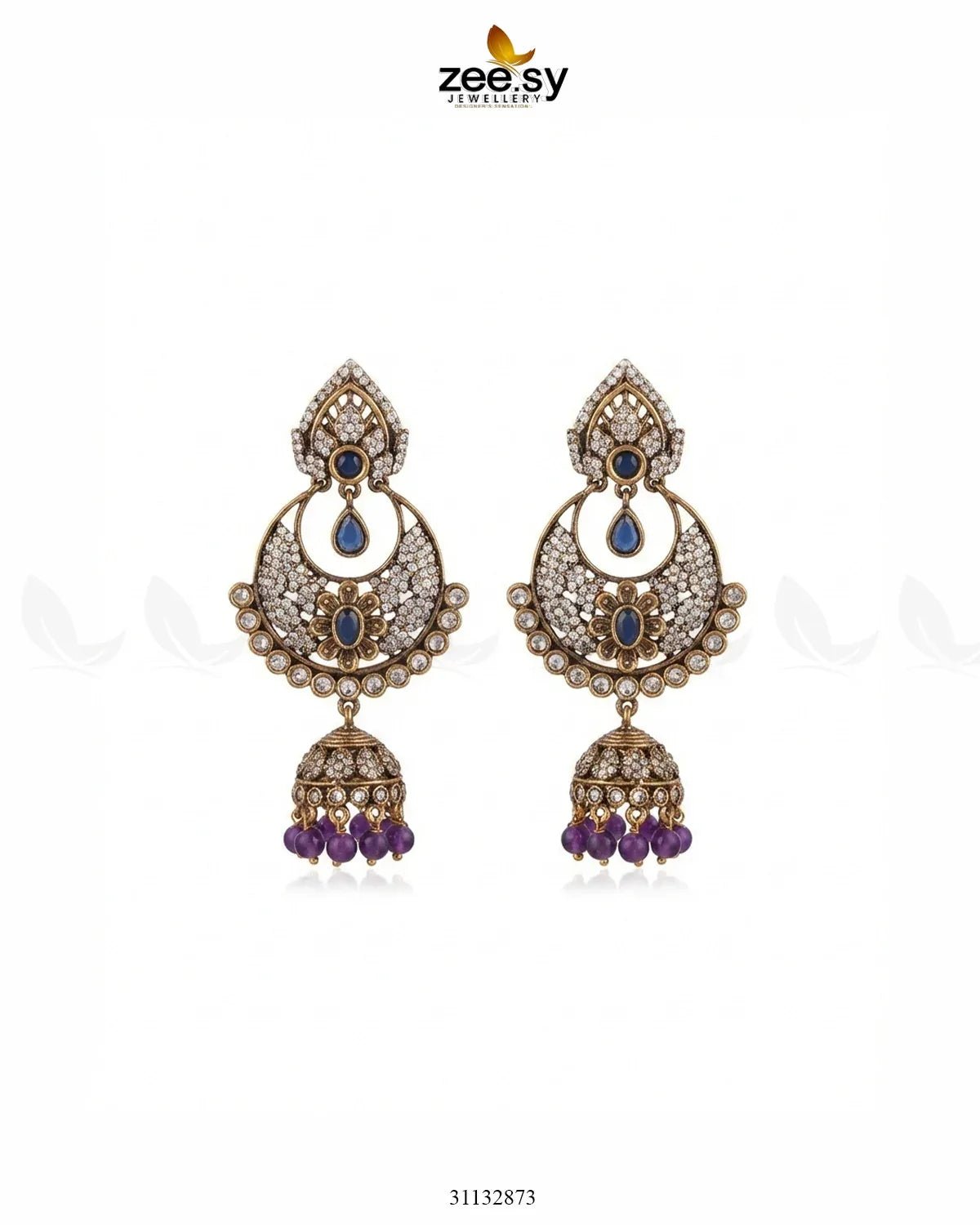 Rich Chandbali Zirconia Earrings Purple Blue Earrings - Zeesy Jewellery Pakistan | Premium Artificial & Imitation Jewellery