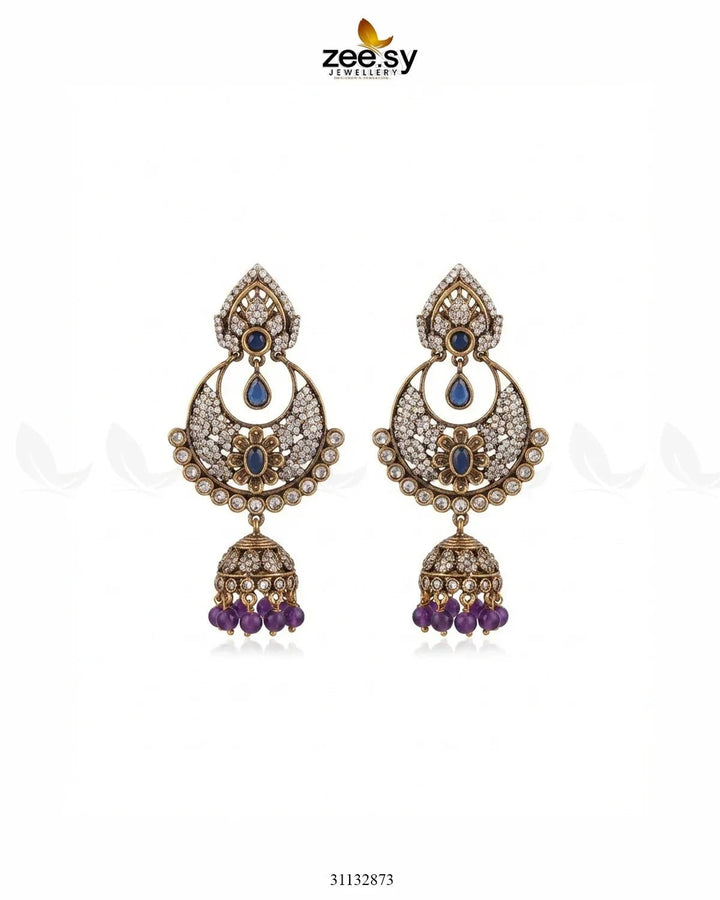 Rich Chandbali Zirconia Earrings Purple Blue Earrings - Zeesy Jewellery Pakistan | Premium Artificial & Imitation Jewellery