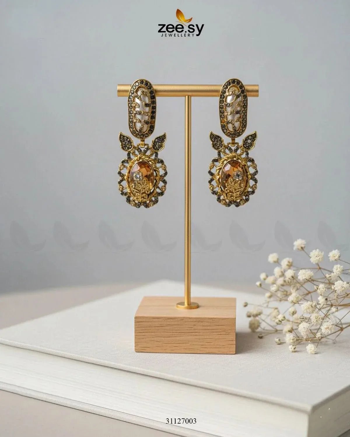 Antique Turquoise Cut Stone Earrings Champagne Earrings - Zeesy Jewellery Pakistan | Premium Artificial & Imitation Jewellery