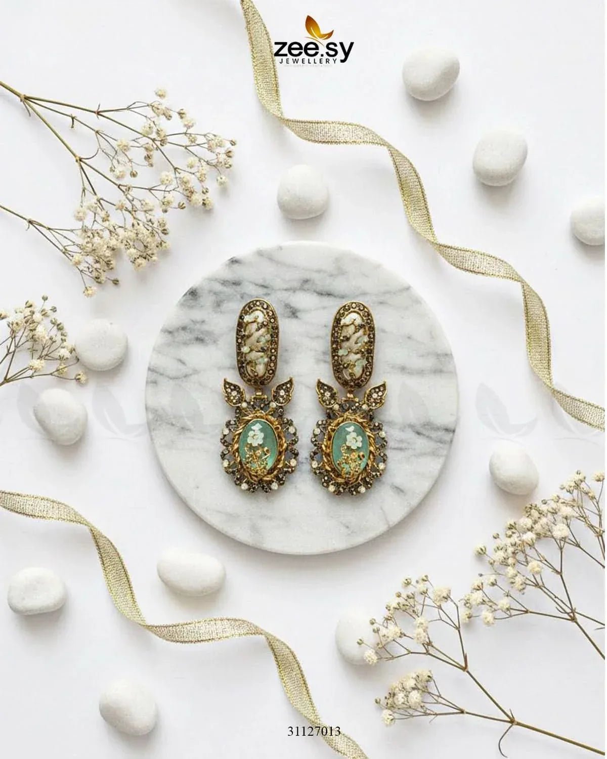 Antique Turquoise Cut Stone Earrings Mint Green Earrings - Zeesy Jewellery Pakistan | Premium Artificial & Imitation Jewellery