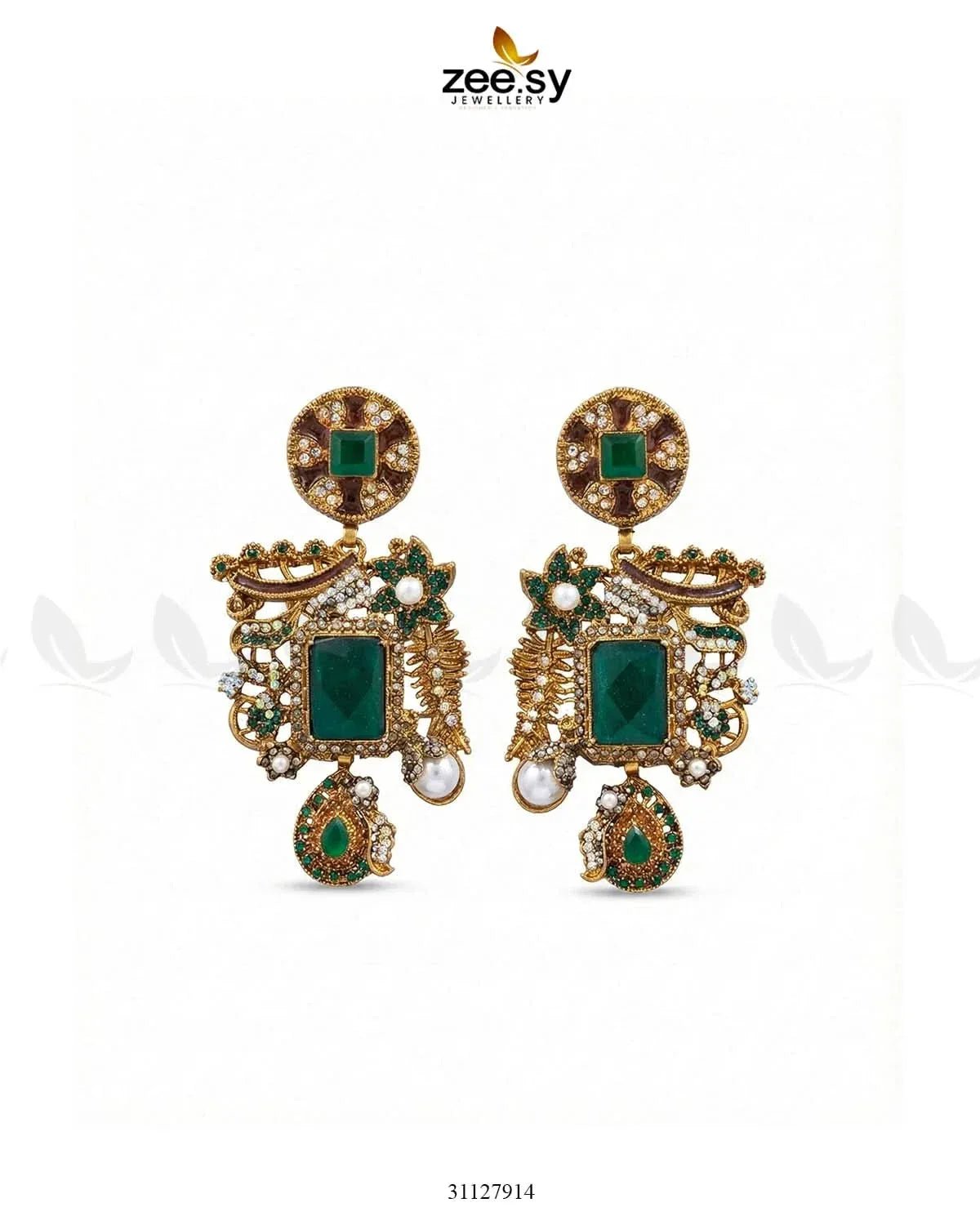Victorian Faux Pearl Earrings Green Earrings - Zeesy Jewellery Pakistan | Premium Artificial & Imitation Jewellery
