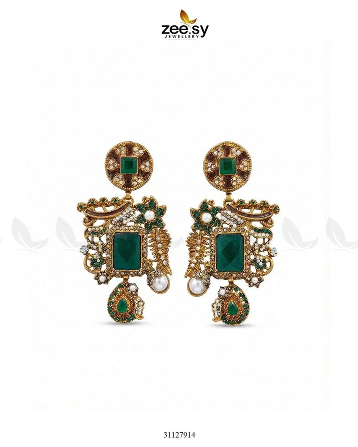 Victorian Faux Pearl Earrings Green Earrings - Zeesy Jewellery Pakistan | Premium Artificial & Imitation Jewellery