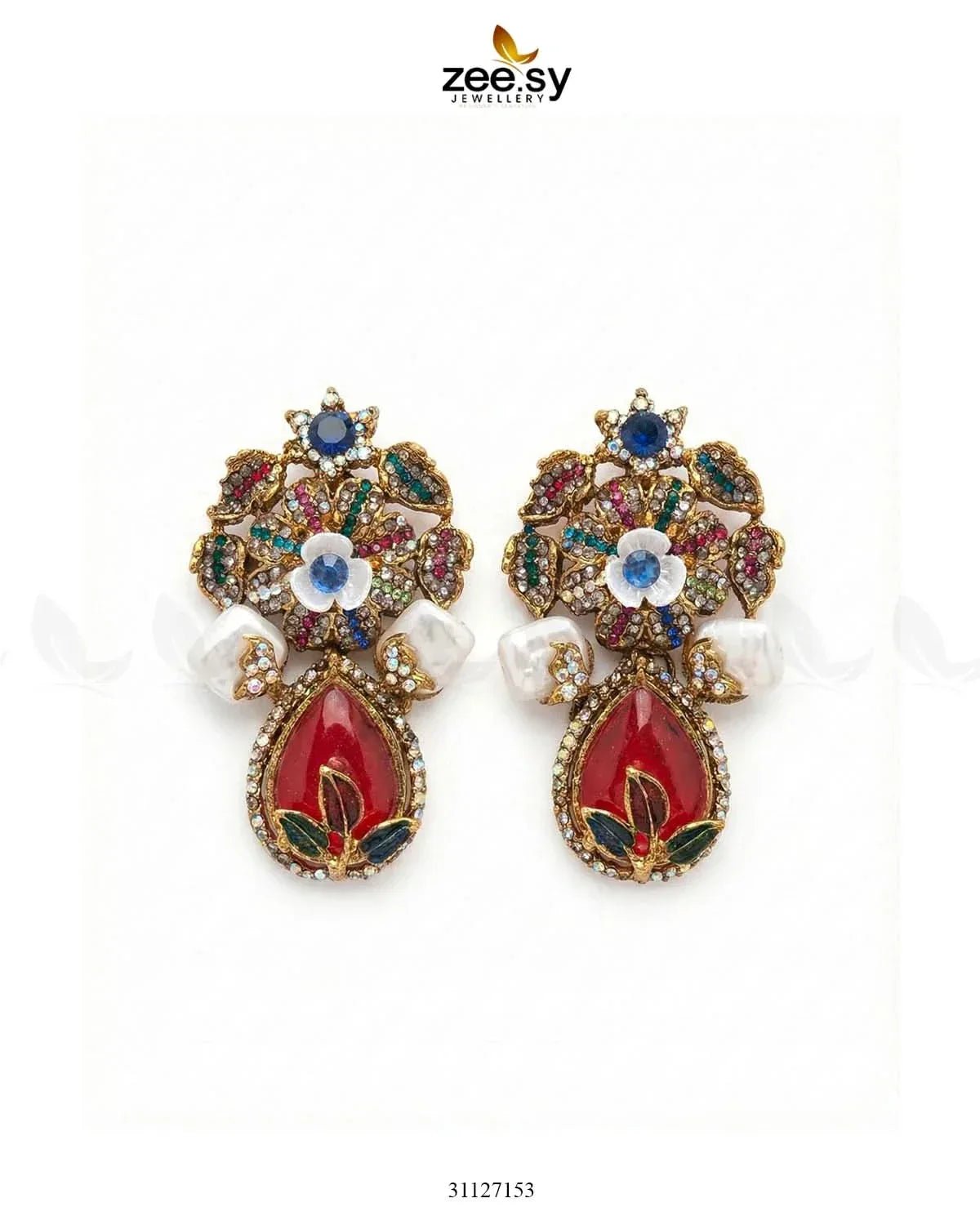 Roszir Pearl Drop Earrings Ruby Earrings - Zeesy Jewellery Pakistan | Premium Artificial & Imitation Jewellery