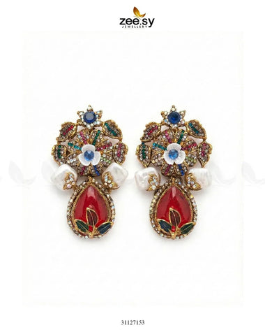 Roszir Pearl Drop Earrings Ruby Earrings - Zeesy Jewellery Pakistan | Premium Artificial & Imitation Jewellery